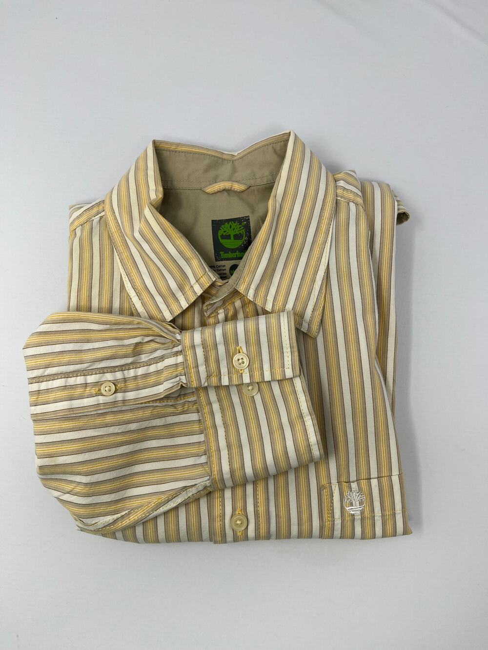Timberland Long Sleeve Men's Medium Beige Brown Striped Pre-Owned Dress Shirt